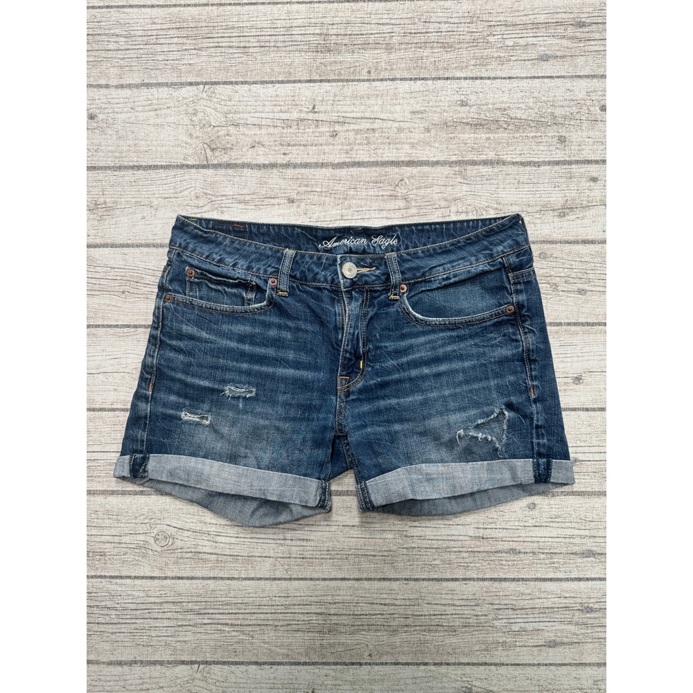 American Eagle Shorts Women's 6 Blue Dark Wash Denim Cuffed Whiskered Distressed